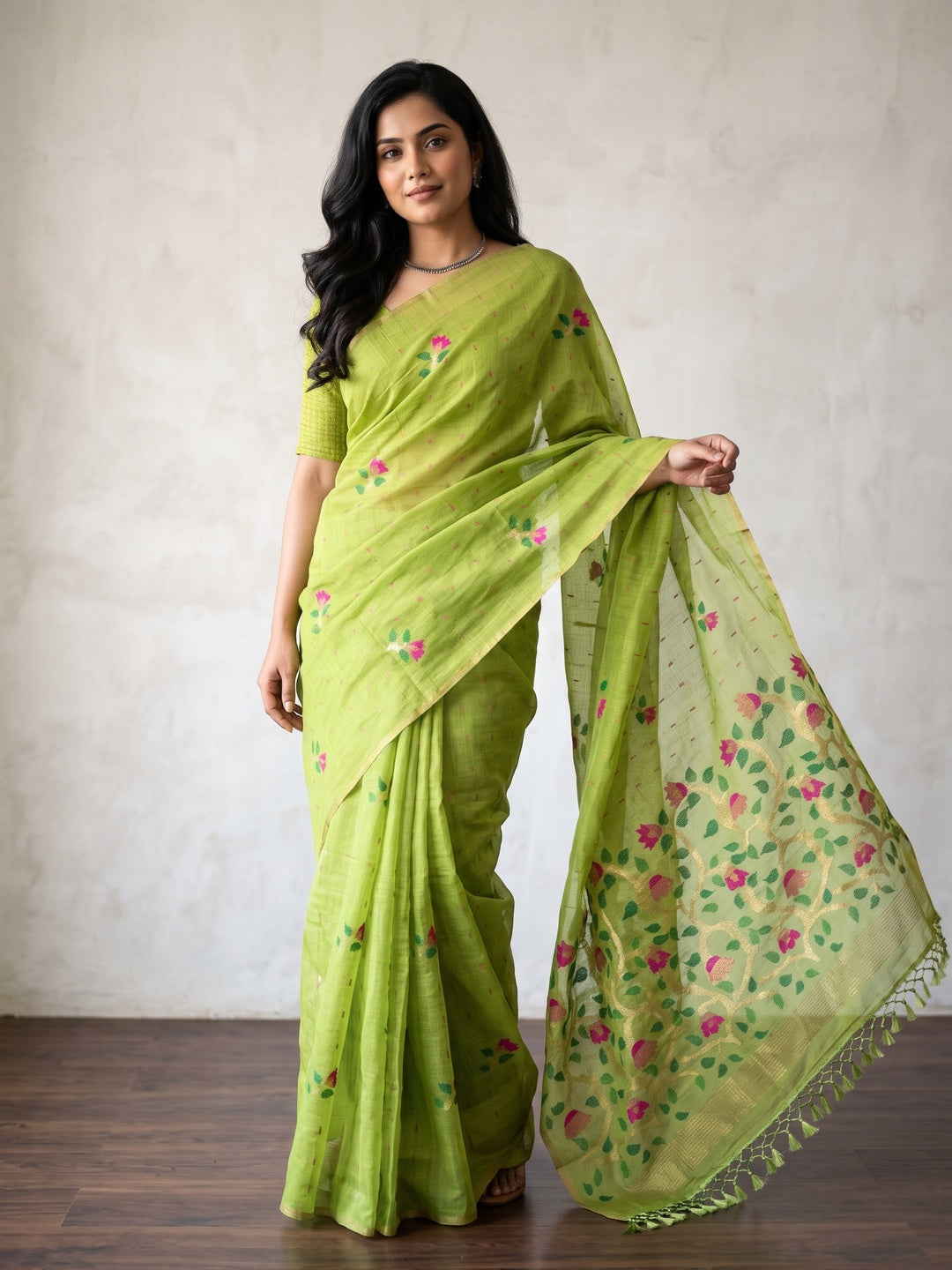 Peachmode Green Floral Jamdani Woven Saree - Image 1