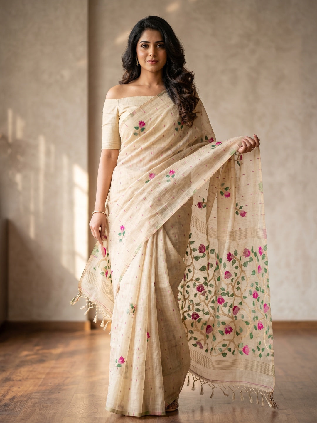 Peachmode Cream Floral Jamdani Woven Saree - Image 1
