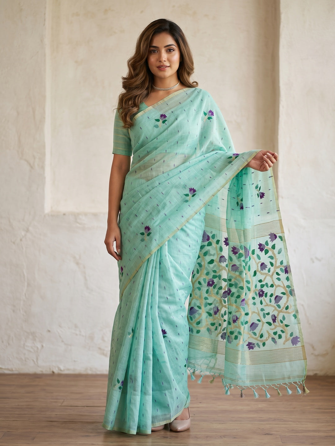 Peachmode Mint Floral Jamdani Woven Saree - Image 1