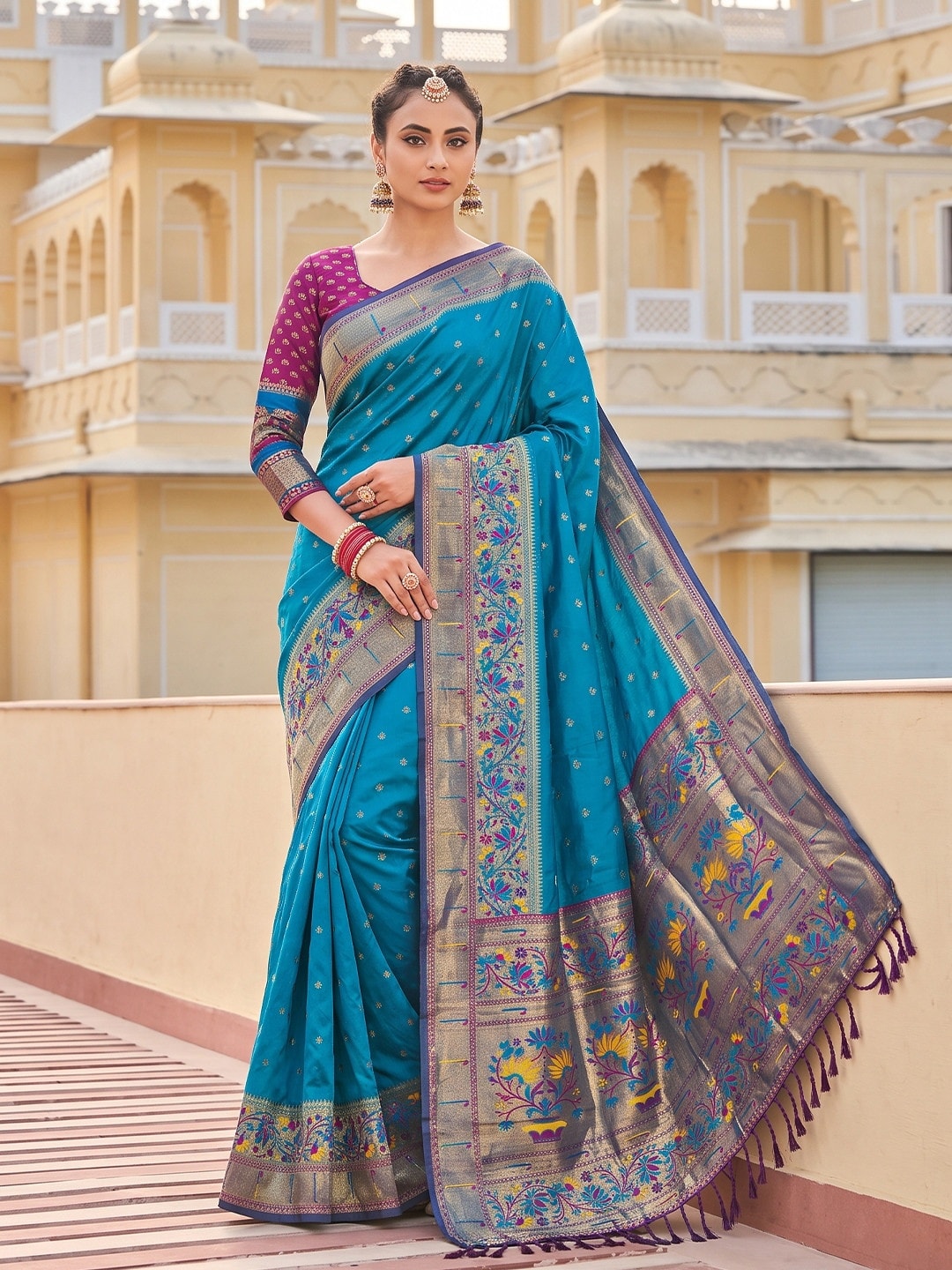 Peachmode Sky Blue Paithani Style Zari Border Silk Saree With Heavy Pallu - Image 1