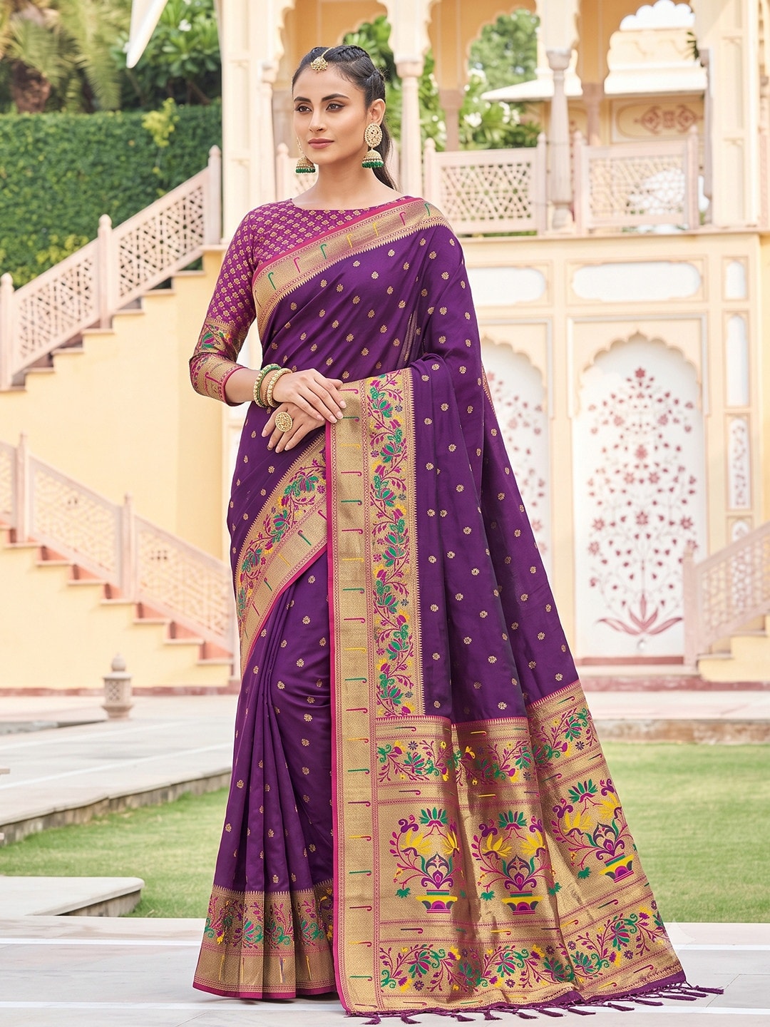 Peachmode Purple Paithani Style Zari Border Silk Saree With Heavy Pallu - Image 1