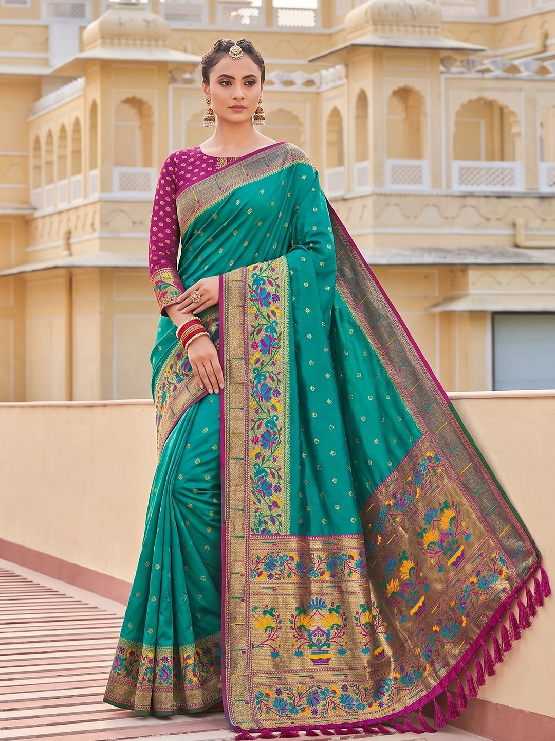Peachmode Teal Paithani Style Zari Border Silk Saree With Heavy Pallu - Image 1
