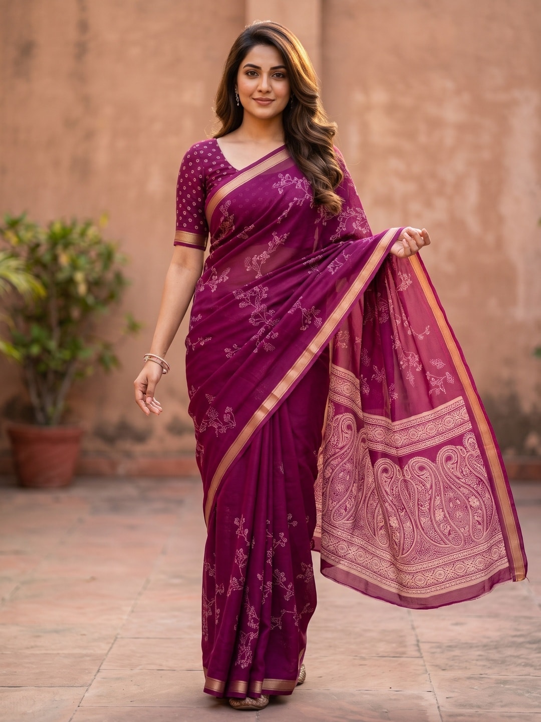 Peachmode Magenta Floral Paisley Moss Georgette Digital Printed Saree With Zari Border - Image 1