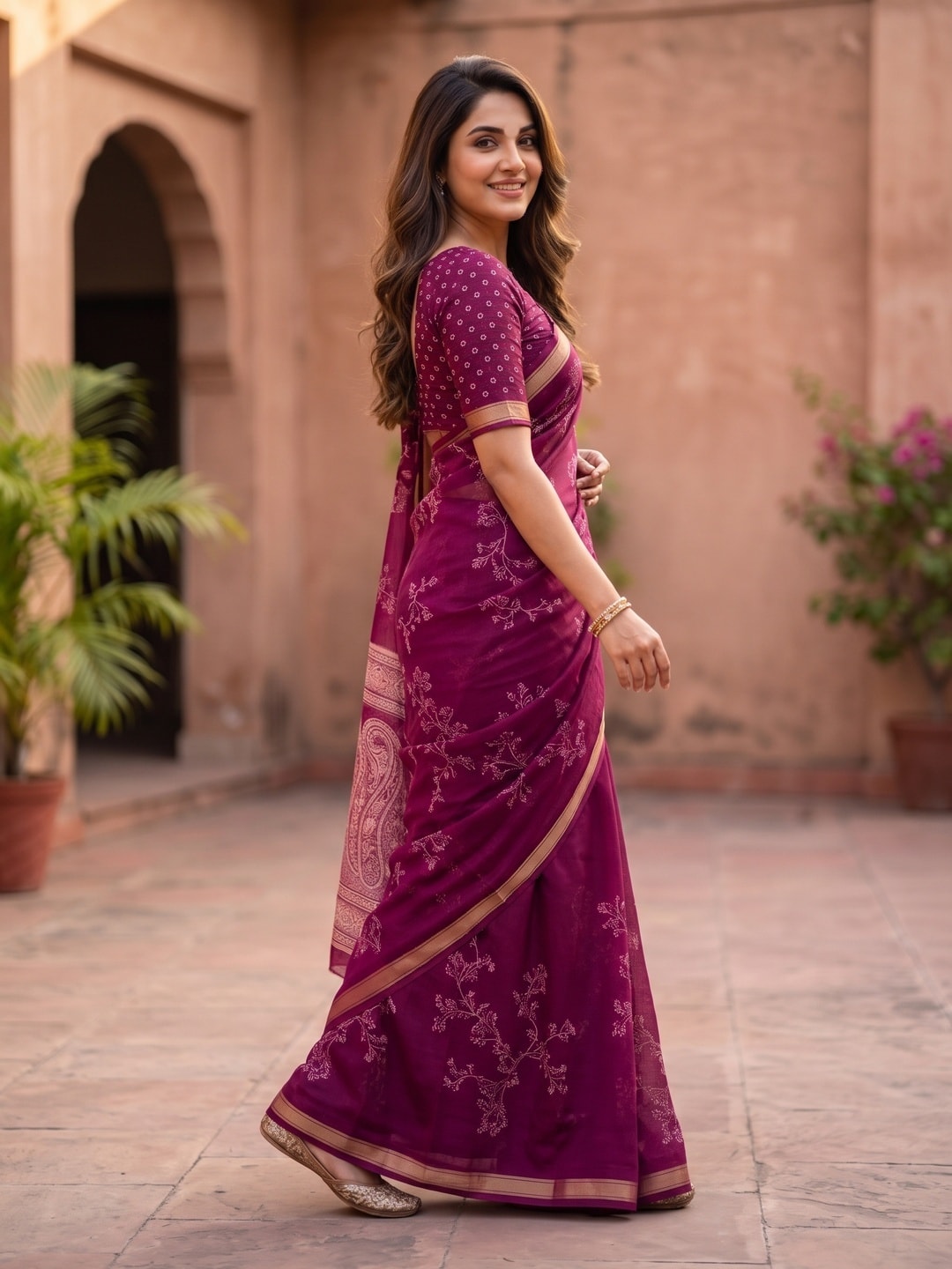 Peachmode Magenta Floral Paisley Moss Georgette Digital Printed Saree With Zari Border - Image 3
