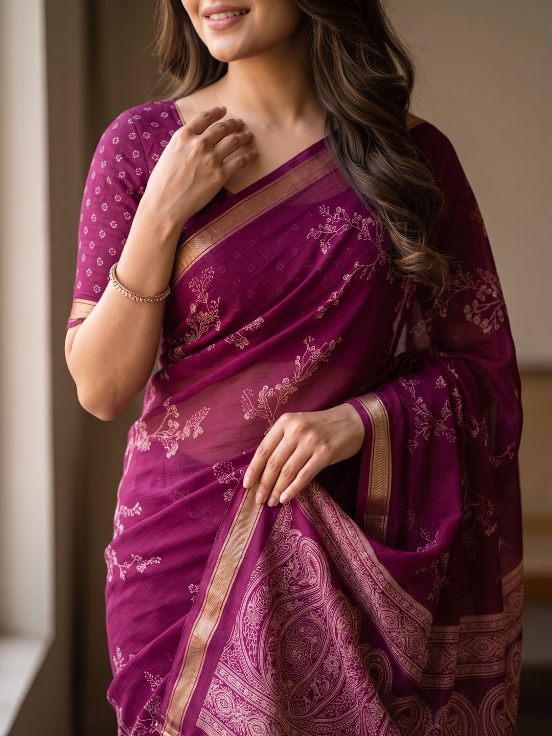 Peachmode Magenta Floral Paisley Moss Georgette Digital Printed Saree With Zari Border - Image 4