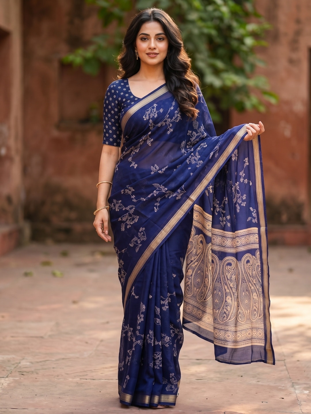 Peachmode Navy Blue Floral Paisley Moss Georgette Digital Printed Saree With Zari Border - Image 1