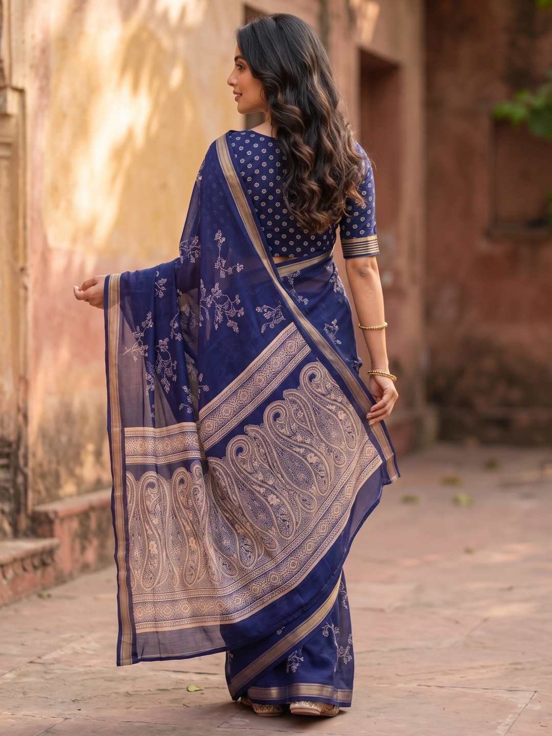 Peachmode Navy Blue Floral Paisley Moss Georgette Digital Printed Saree With Zari Border - Image 2