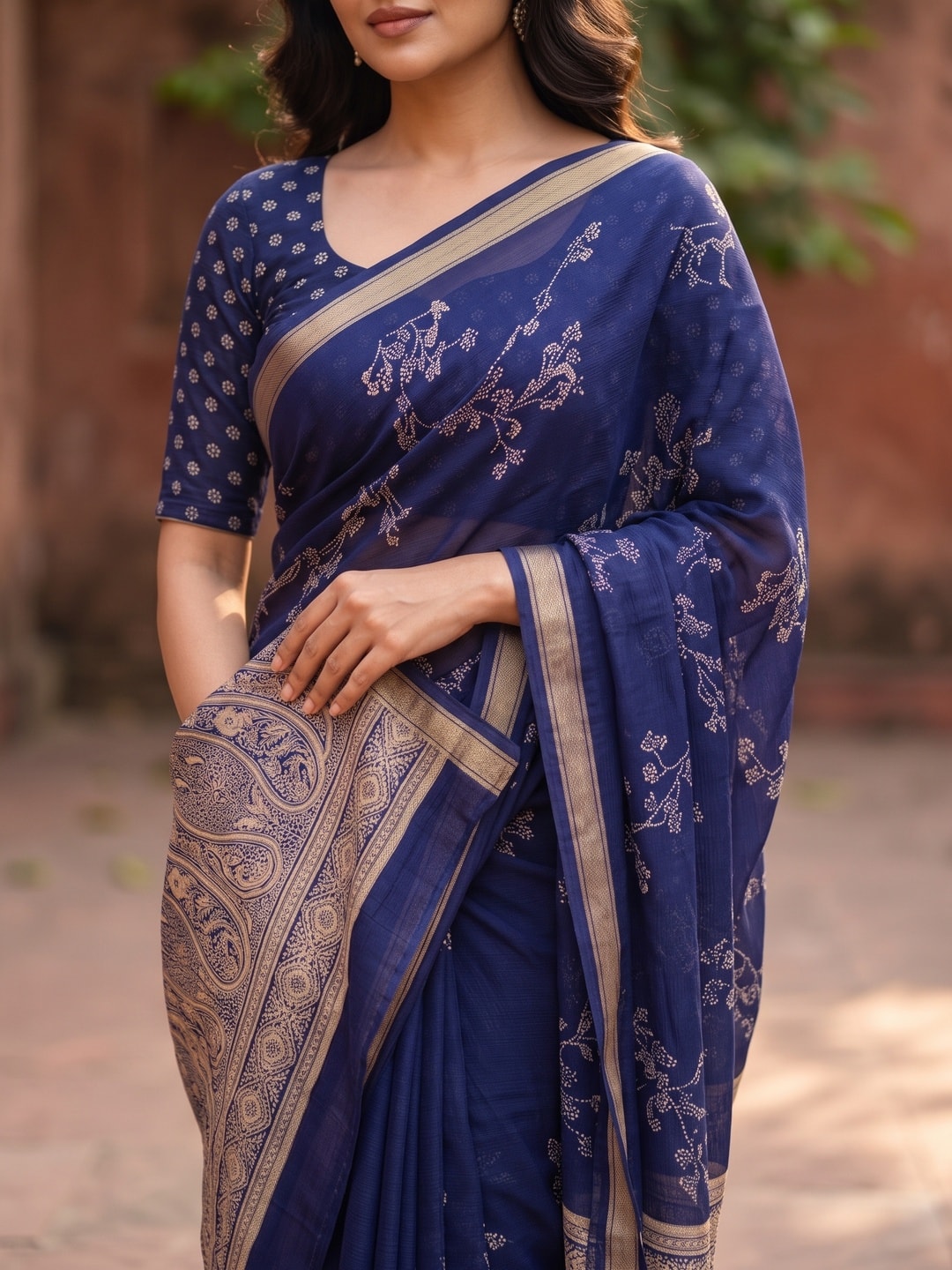 Peachmode Navy Blue Floral Paisley Moss Georgette Digital Printed Saree With Zari Border - Image 4