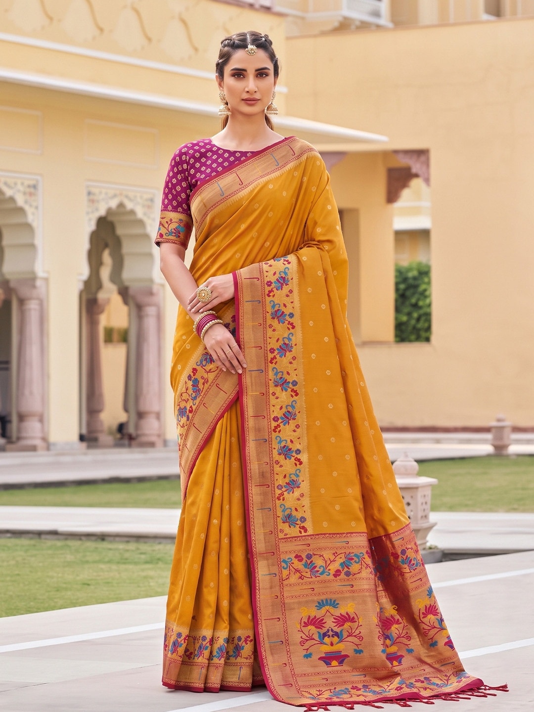 Peachmode Mustard Paithani Style Zari Border Silk Saree With Heavy Pallu - Image 1