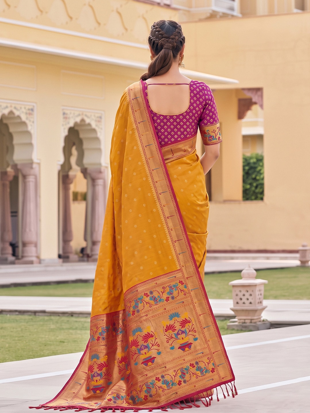 Peachmode Mustard Paithani Style Zari Border Silk Saree With Heavy Pallu - Image 2