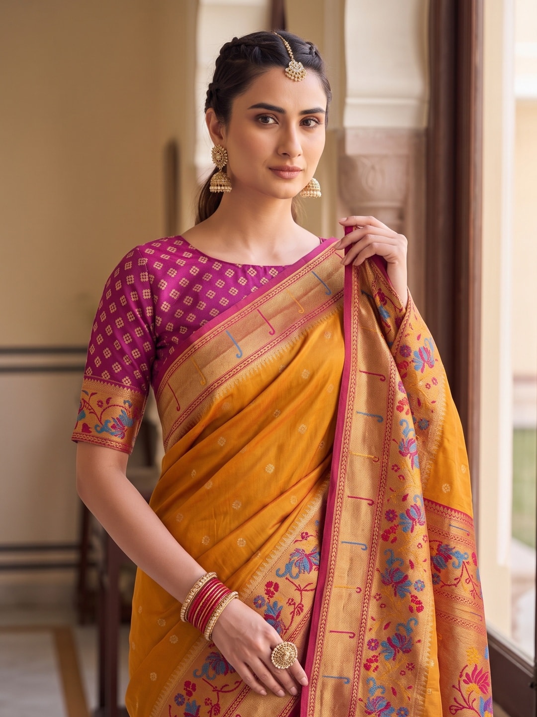Peachmode Mustard Paithani Style Zari Border Silk Saree With Heavy Pallu - Image 4