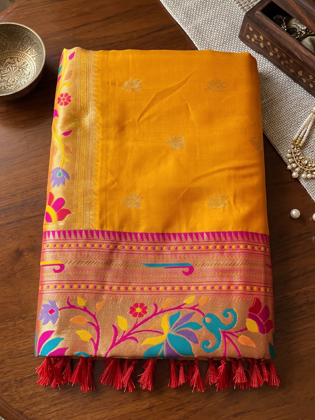 Peachmode Mustard Paithani Style Zari Border Silk Saree With Heavy Pallu - Image 5