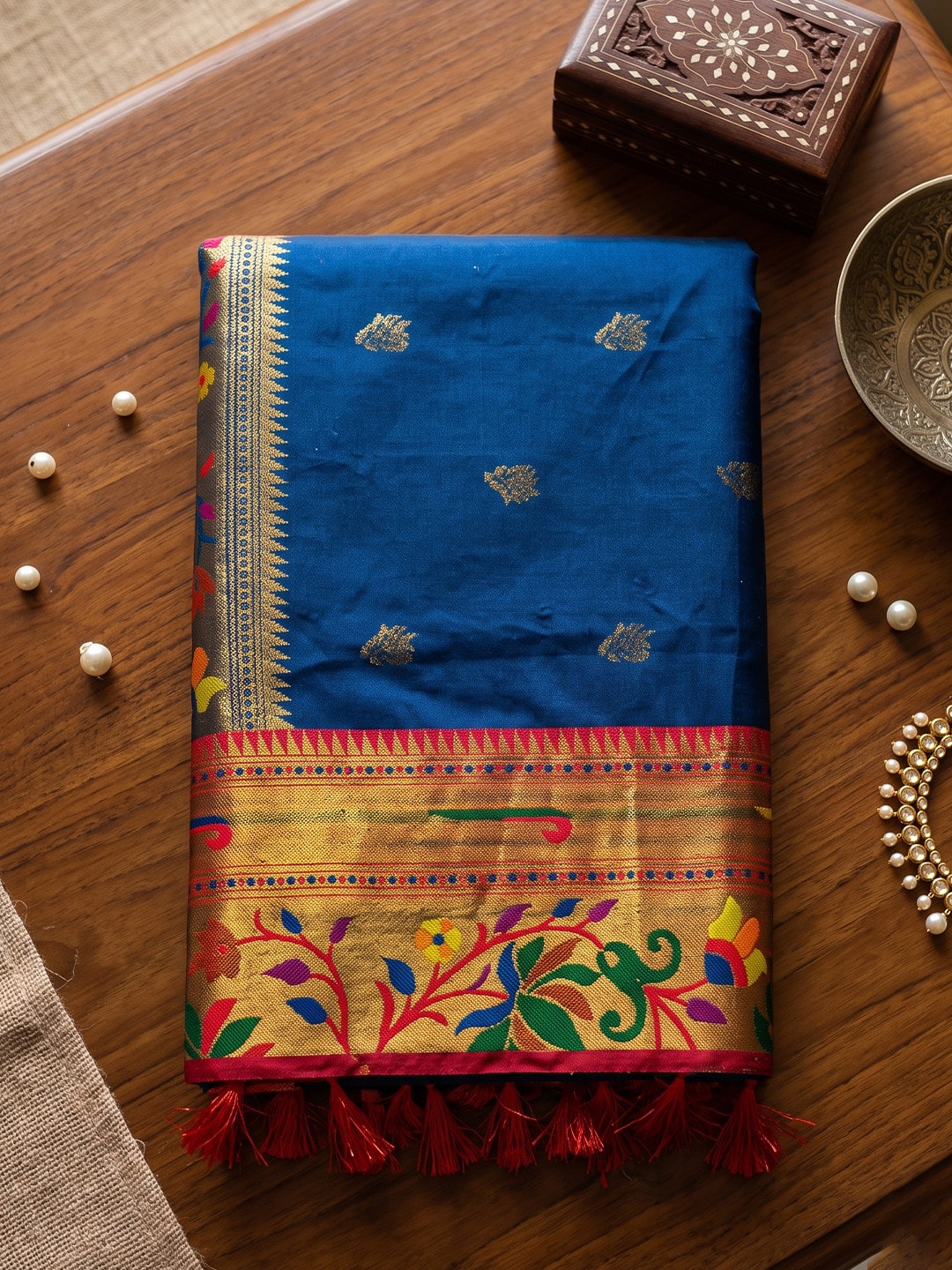 Peachmode Navy Blue Paithani Style Zari Border Silk Saree With Heavy Pallu - Image 5