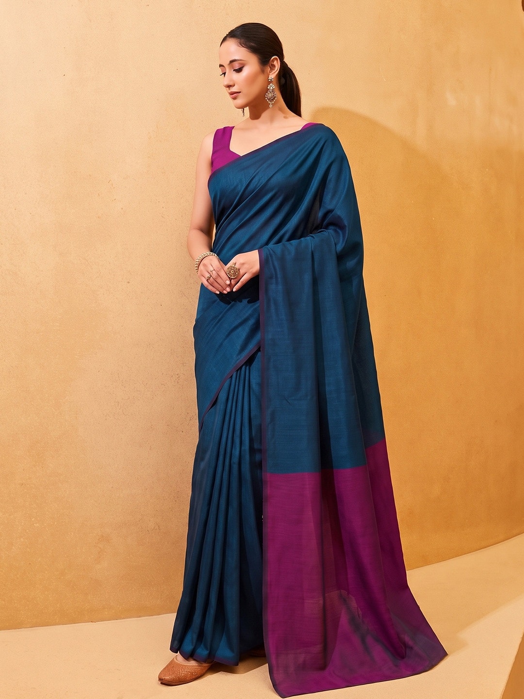 Peachmode Navy Blue Two Tone Mul Cotton Saree With Contrast Pallu - Image 1