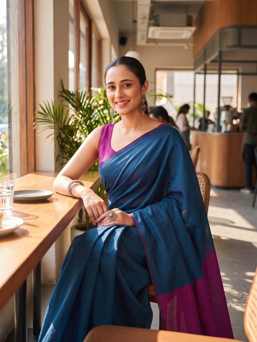 Peachmode Navy Blue Two Tone Mul Cotton Saree With Contrast Pallu - Image 5