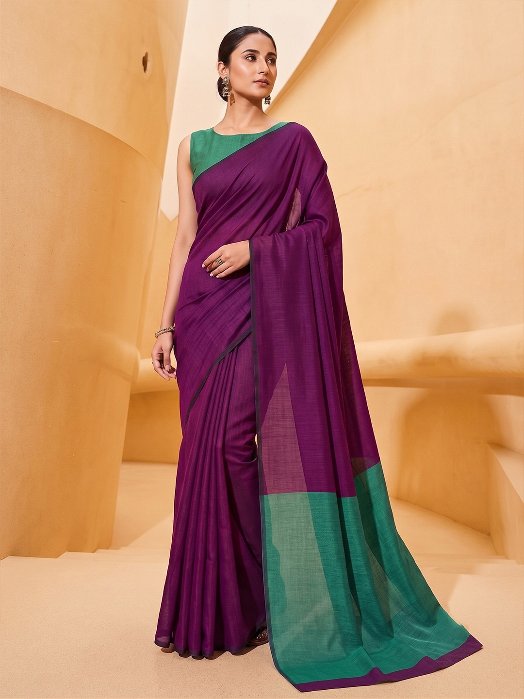 Peachmode Wine Two Tone Mul Cotton Saree With Contrast Pallu - Image 1