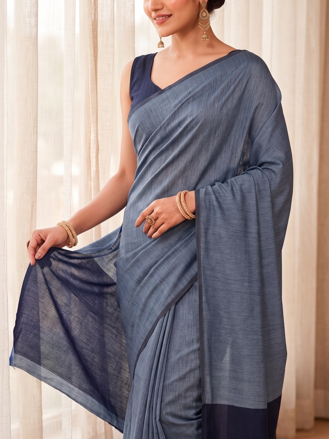 Peachmode Grey Two Tone Mul Cotton Saree With Contrast Pallu - Image 4