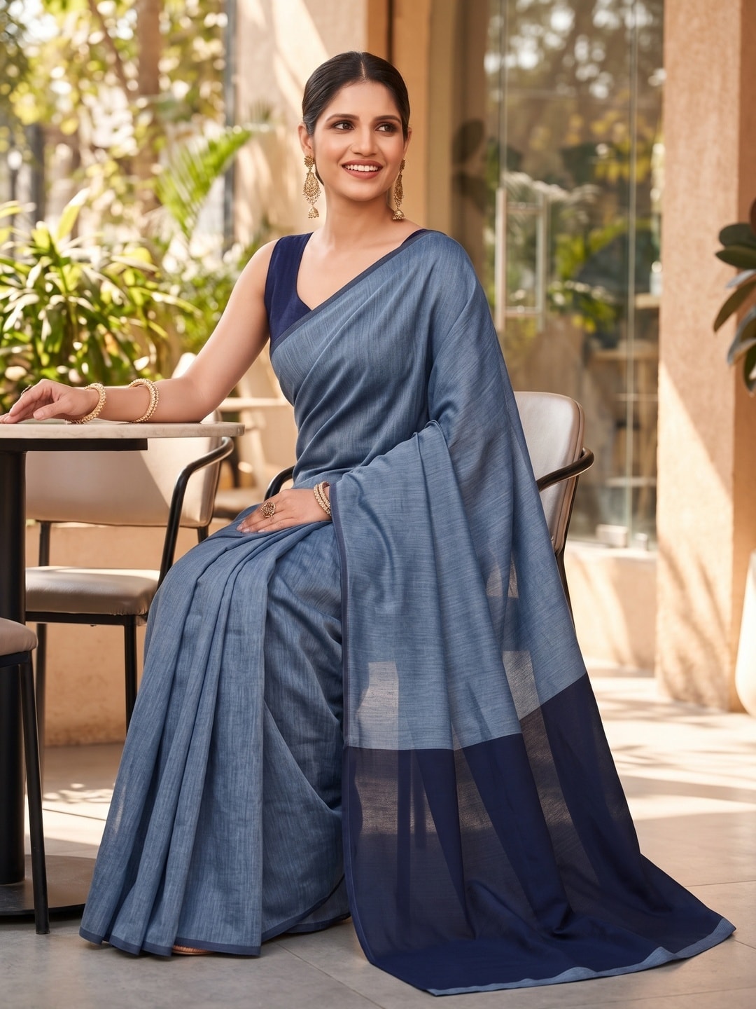 Peachmode Grey Two Tone Mul Cotton Saree With Contrast Pallu - Image 5
