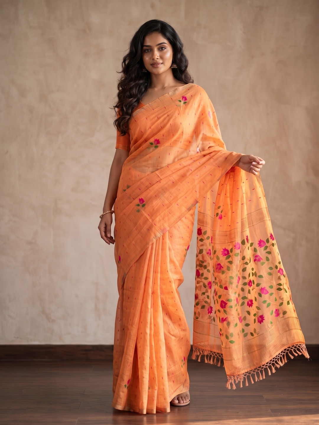 Peachmode Orange Floral Jamdani Woven Saree - Image 1