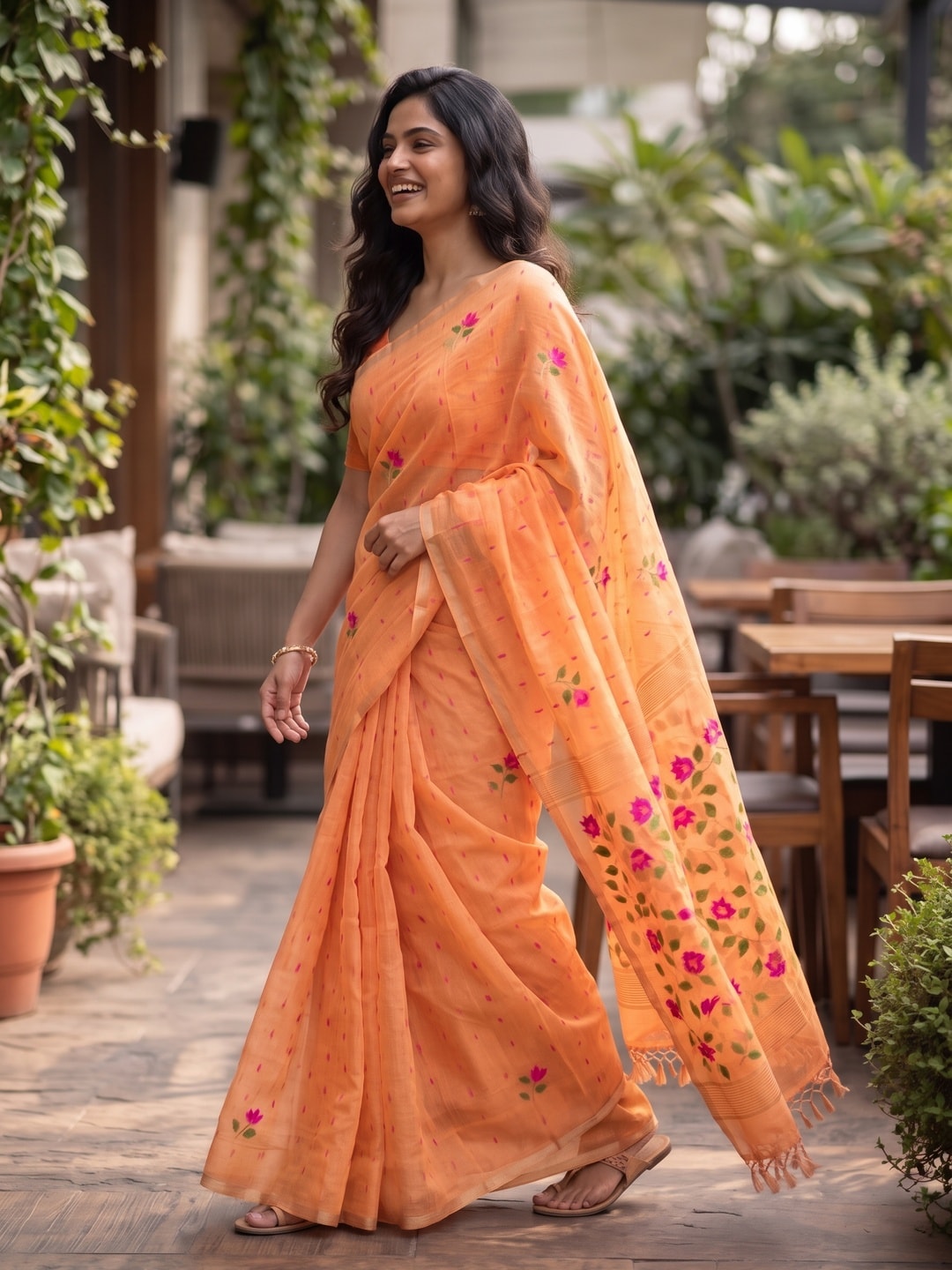 Peachmode Orange Floral Jamdani Woven Saree - Image 3