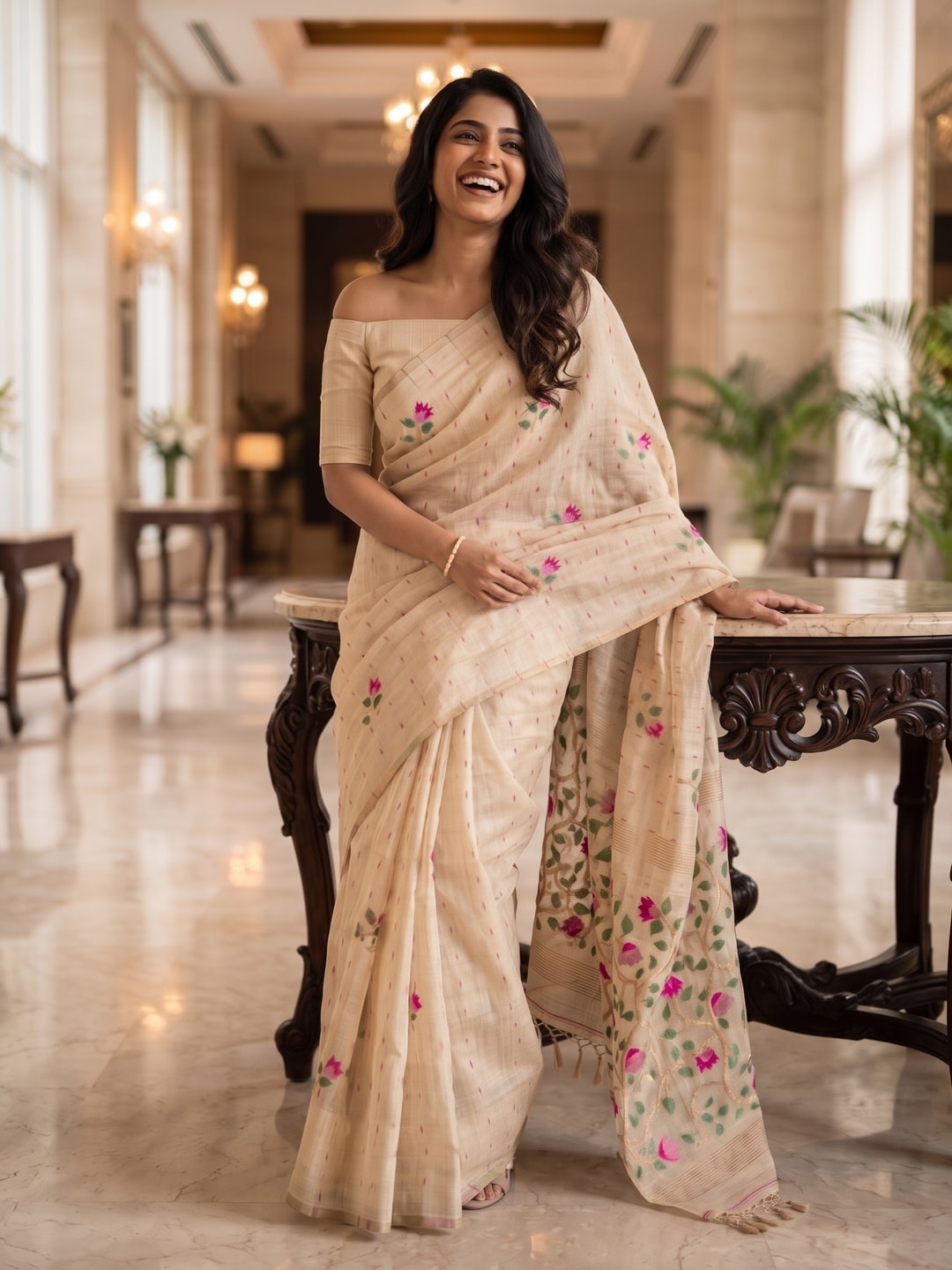 Peachmode Cream Floral Jamdani Woven Saree - Image 4