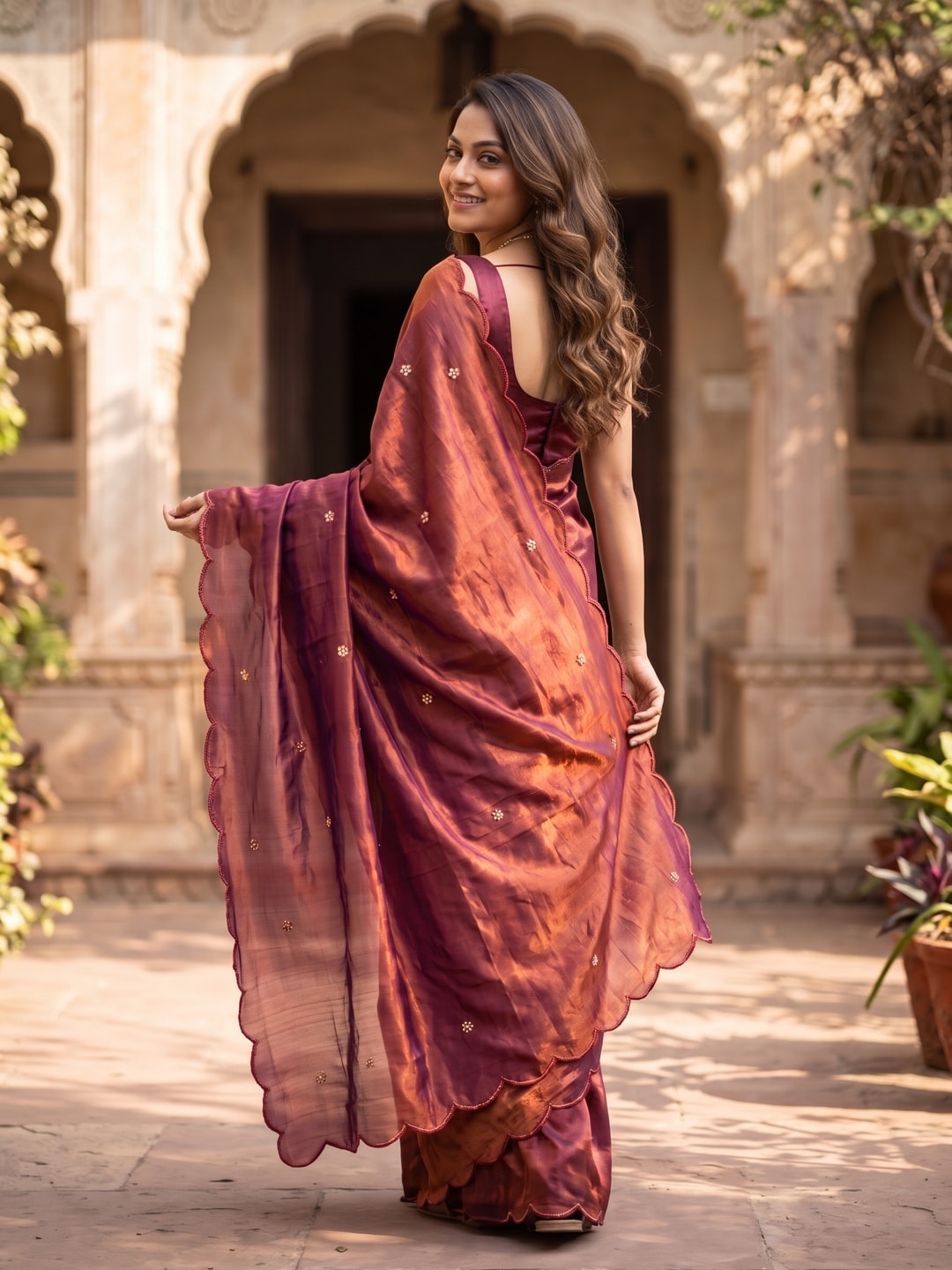 Peachmode Wine Fendy Satin Saree With Beads Work - Image 2
