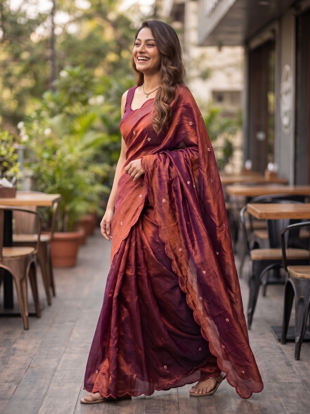 Peachmode Wine Fendy Satin Saree With Beads Work - Image 3