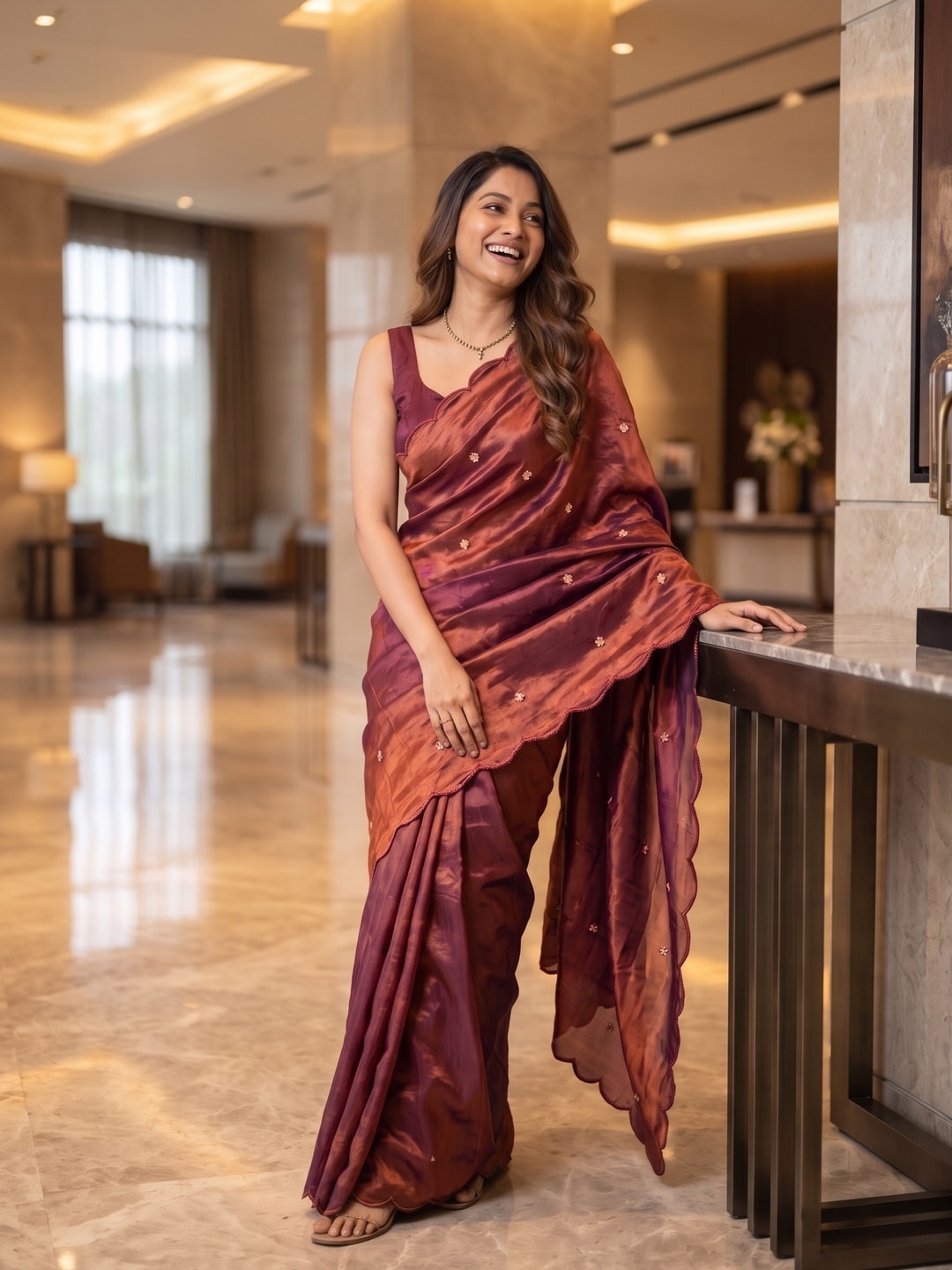 Peachmode Wine Fendy Satin Saree With Beads Work - Image 4