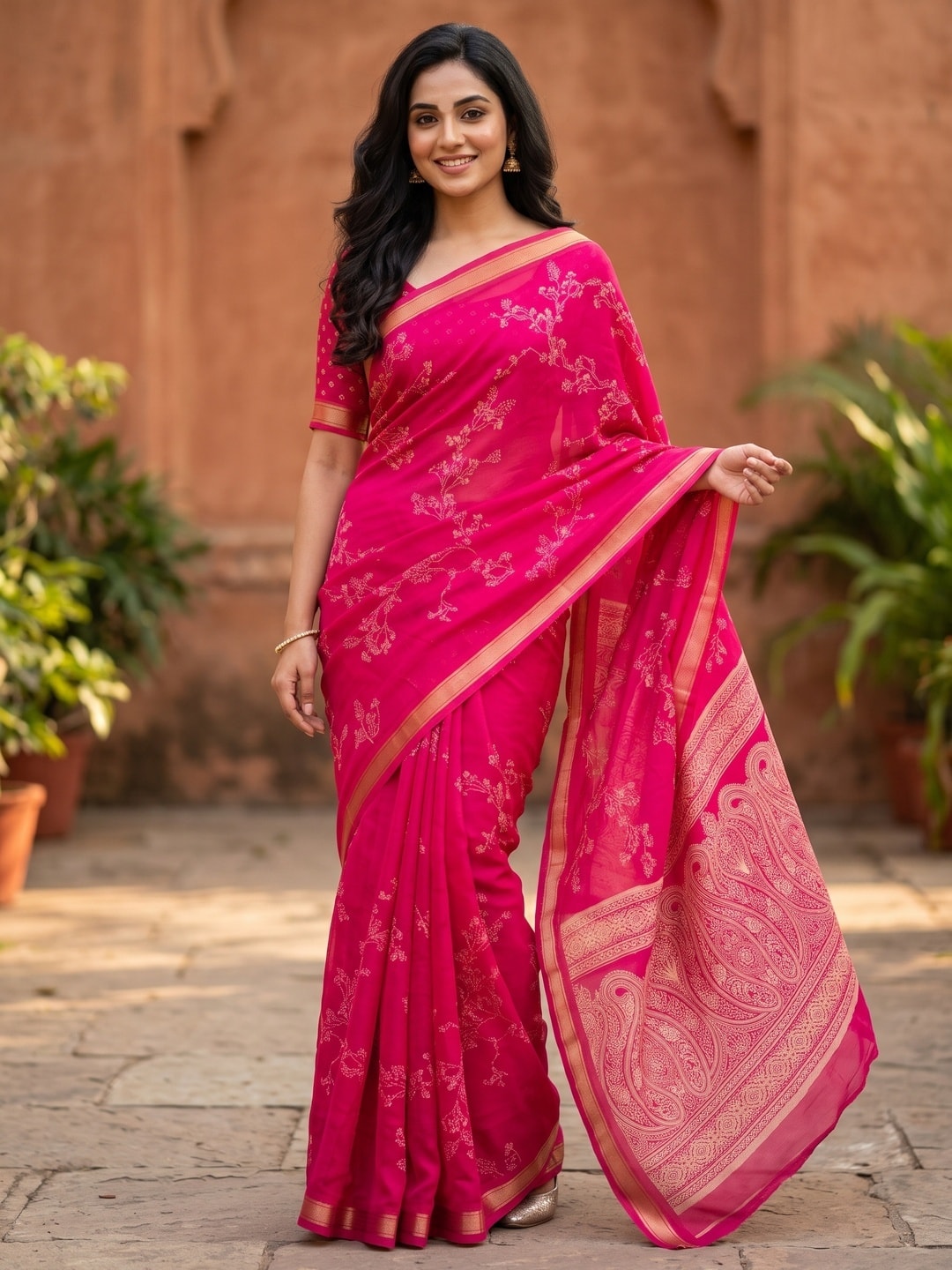 Peachmode Rani Pink Floral Paisley Moss Georgette Digital Printed Saree With Zari Border - Image 1