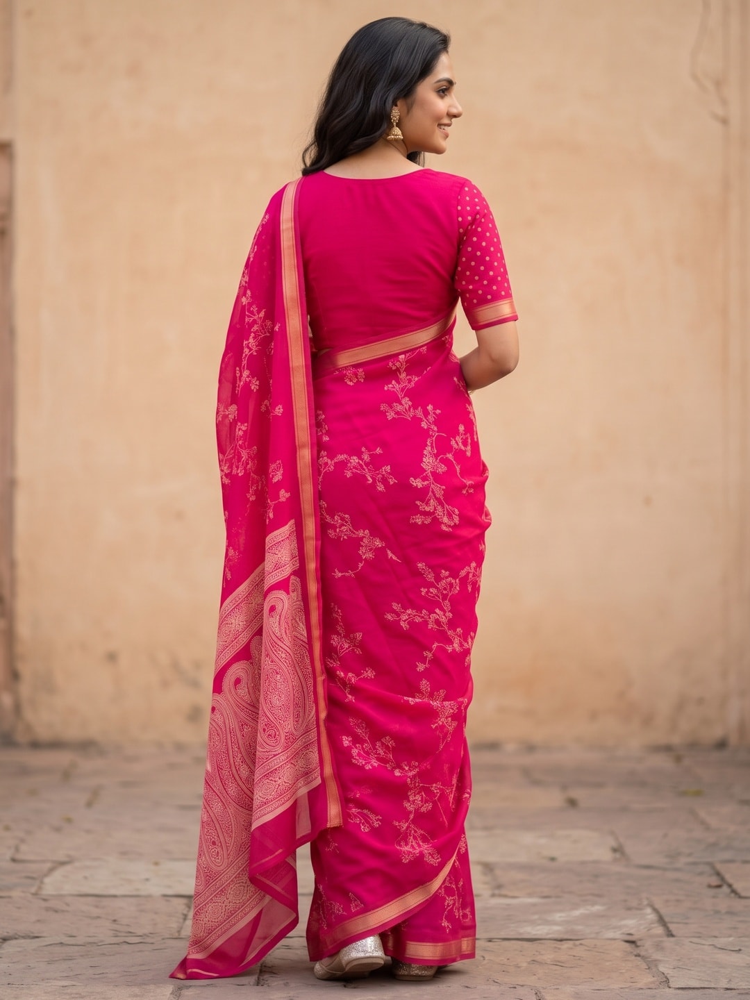 Peachmode Rani Pink Floral Paisley Moss Georgette Digital Printed Saree With Zari Border - Image 2