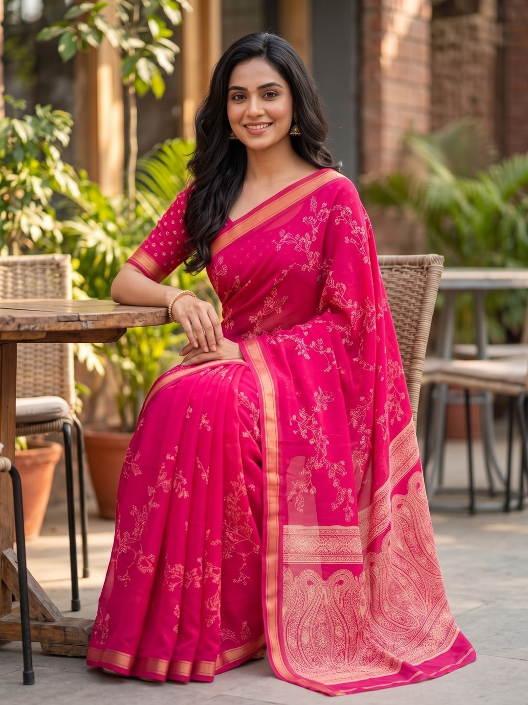 Peachmode Rani Pink Floral Paisley Moss Georgette Digital Printed Saree With Zari Border - Image 5