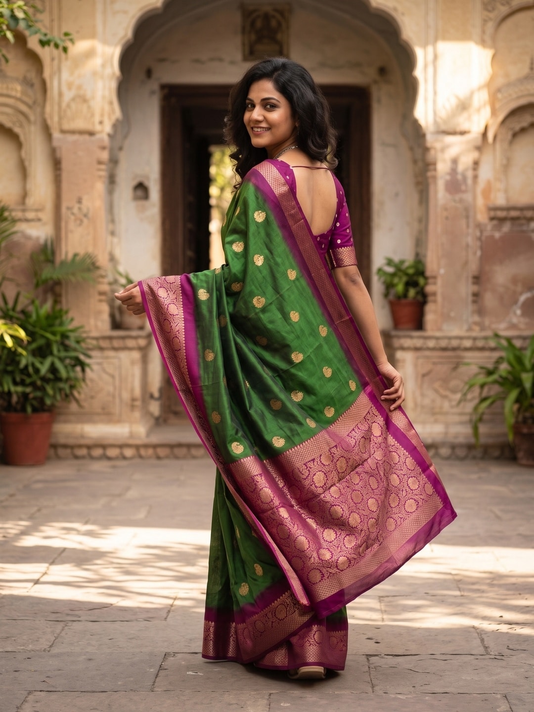 Peachmode Green Zari Butta Art Silk Saree - Image 2