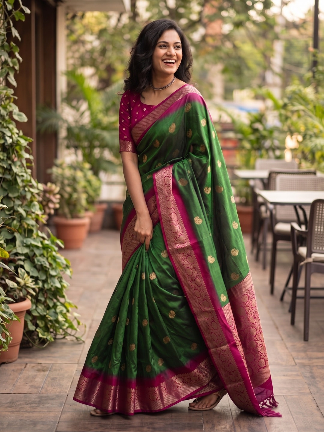 Peachmode Green Zari Butta Art Silk Saree - Image 3