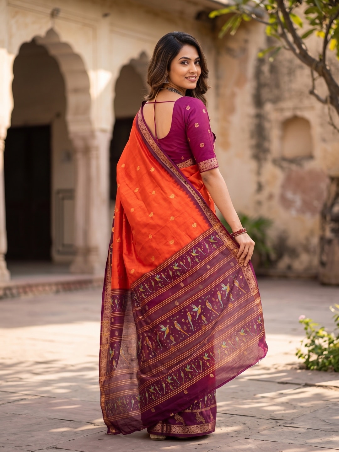 Peachmode Orange Zari Butta Art Silk Saree - Image 2