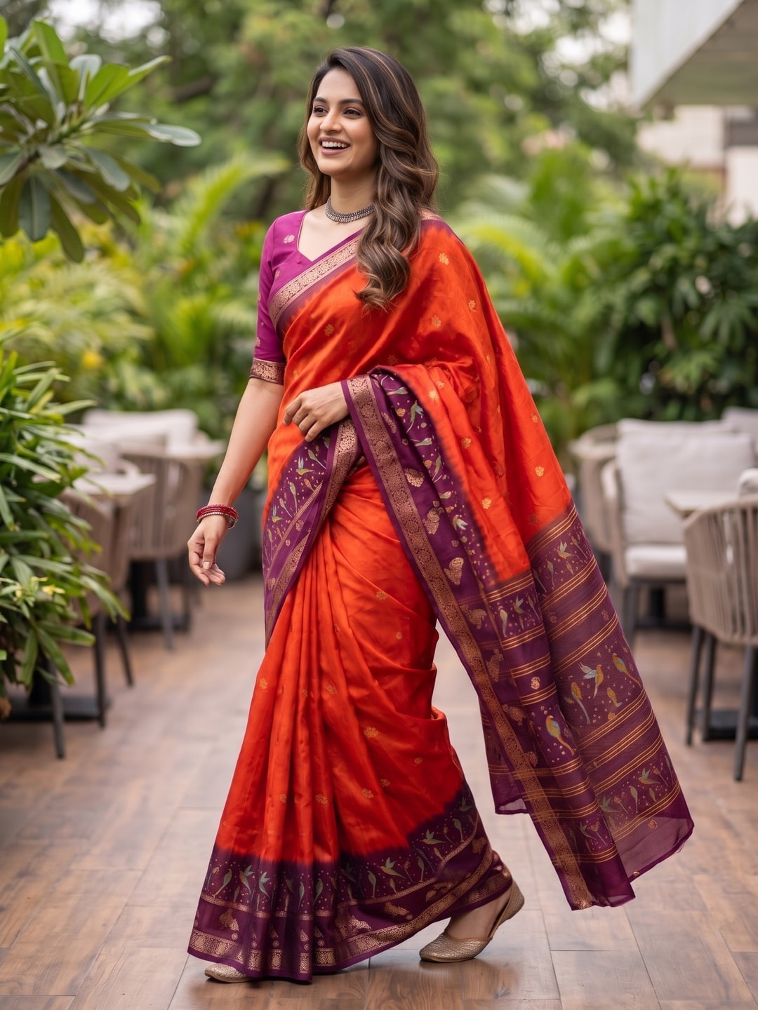 Peachmode Orange Zari Butta Art Silk Saree - Image 3