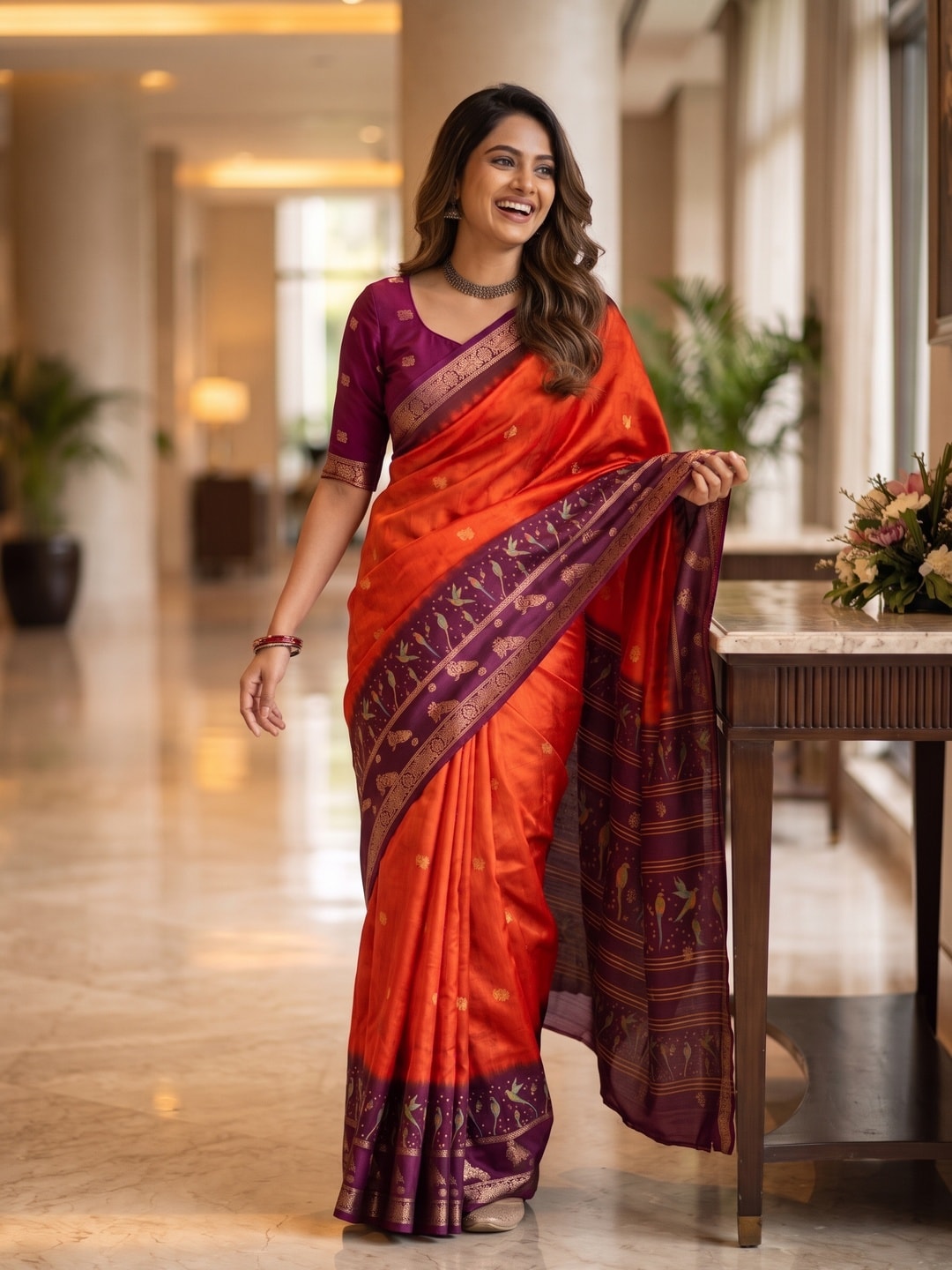 Peachmode Orange Zari Butta Art Silk Saree - Image 4