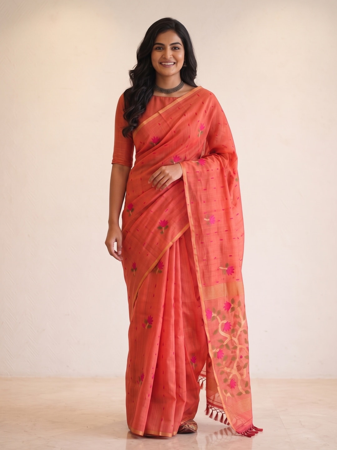 Peachmode Coral Floral Jamdani Woven Saree - Image 1