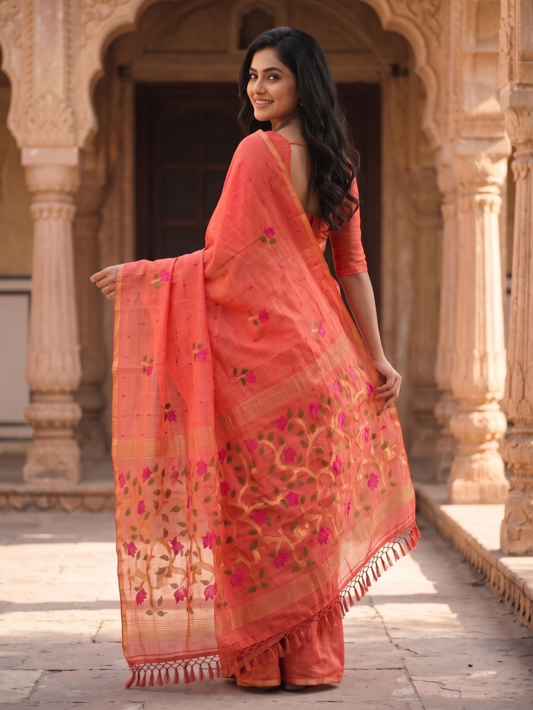 Peachmode Coral Floral Jamdani Woven Saree - Image 2