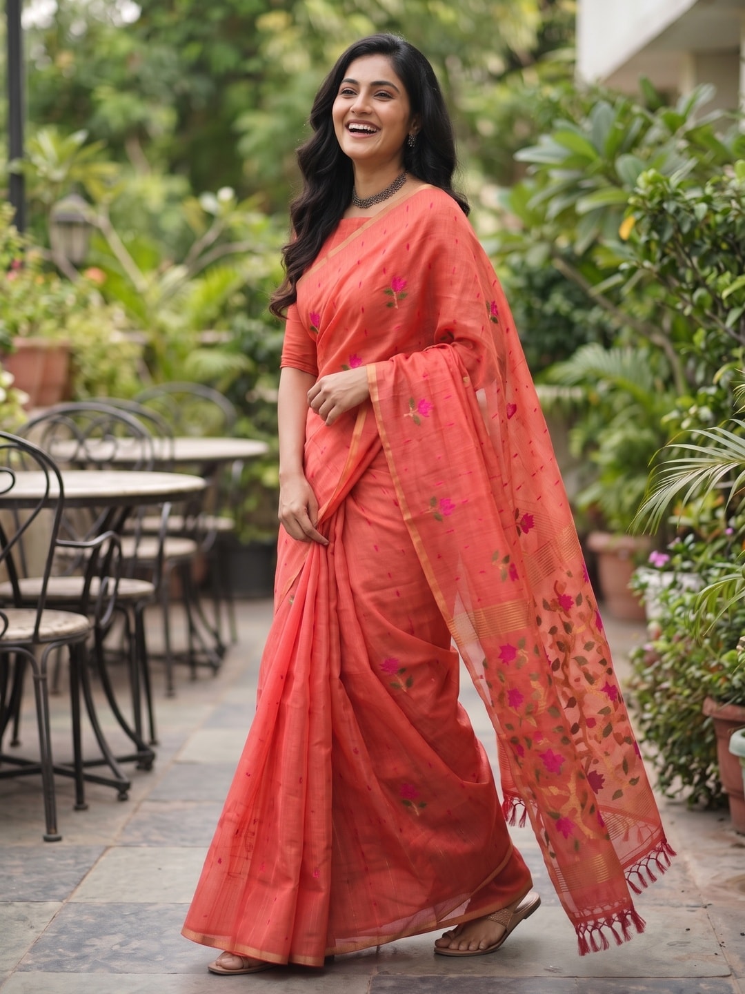 Peachmode Coral Floral Jamdani Woven Saree - Image 3