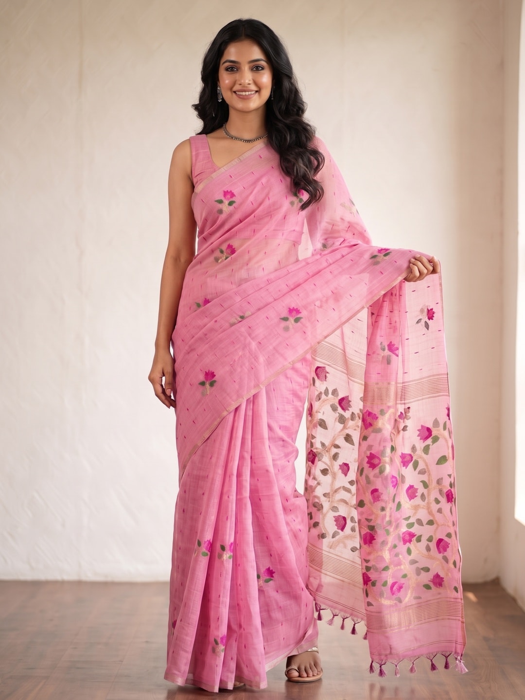 Peachmode Pink Floral Jamdani Woven Saree - Image 1