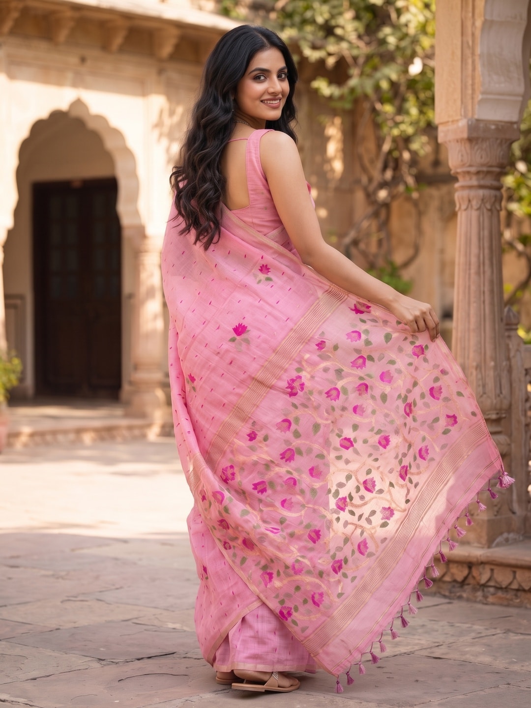 Peachmode Pink Floral Jamdani Woven Saree - Image 2