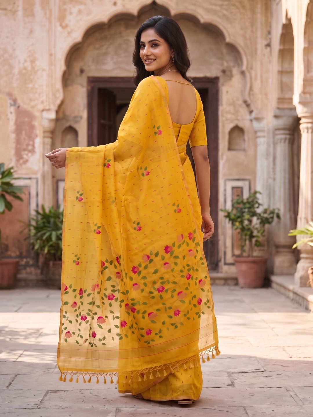 Peachmode Mustard Floral Jamdani Woven Saree - Image 2