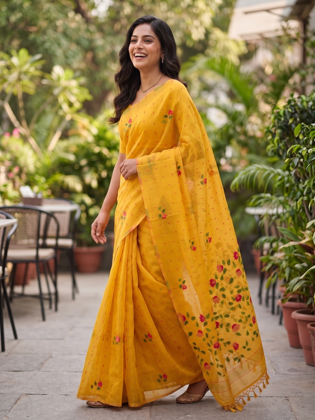 Peachmode Mustard Floral Jamdani Woven Saree - Image 3