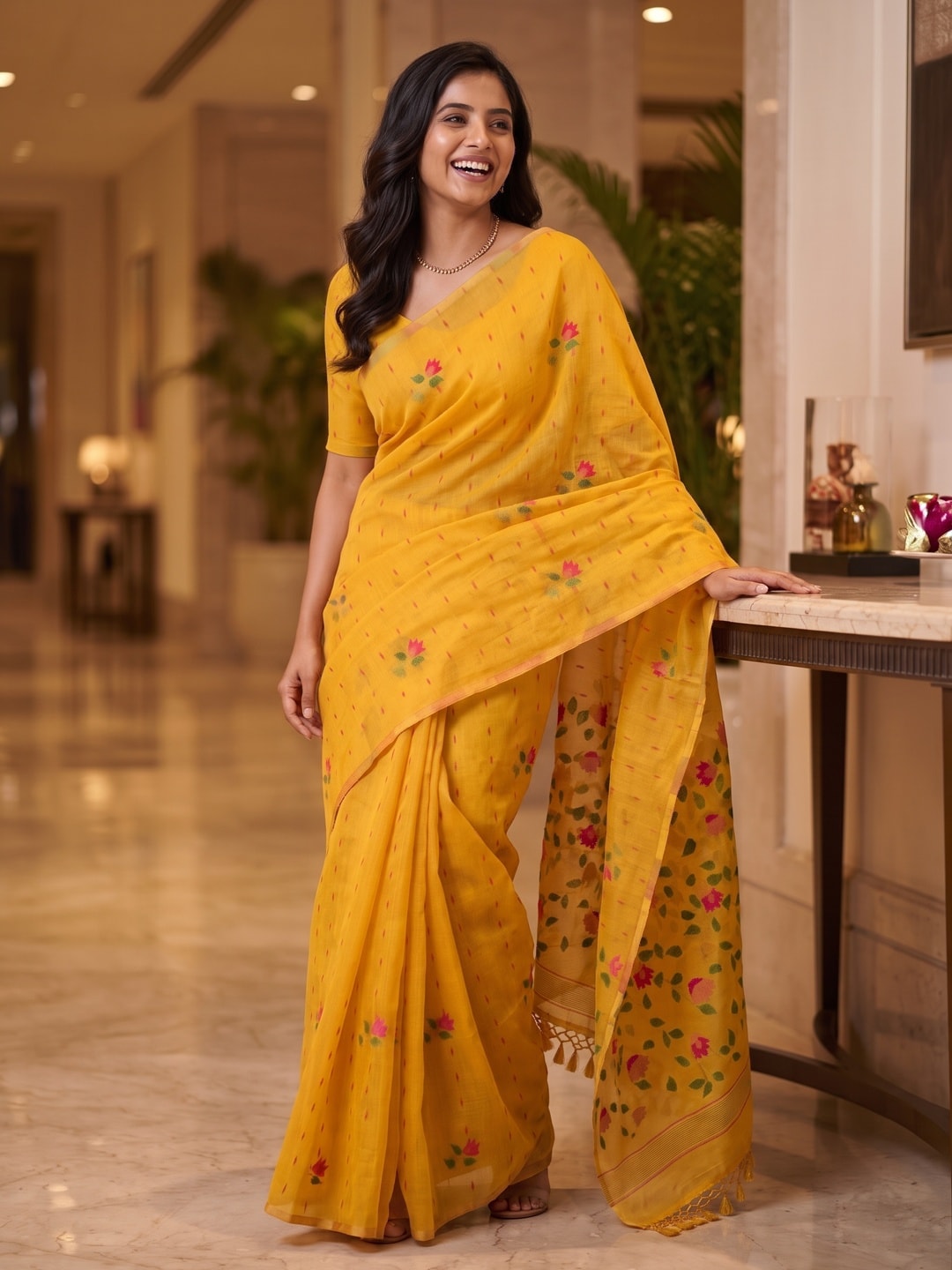 Peachmode Mustard Floral Jamdani Woven Saree - Image 4