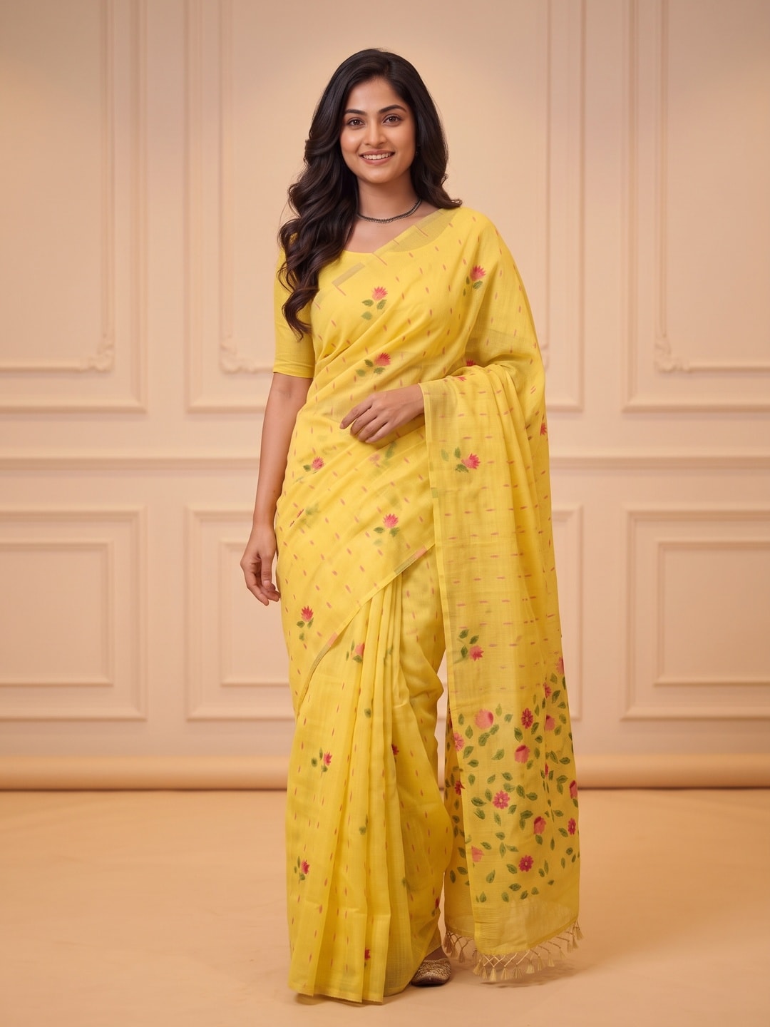 Peachmode Yellow Floral Jamdani Woven Saree - Image 1
