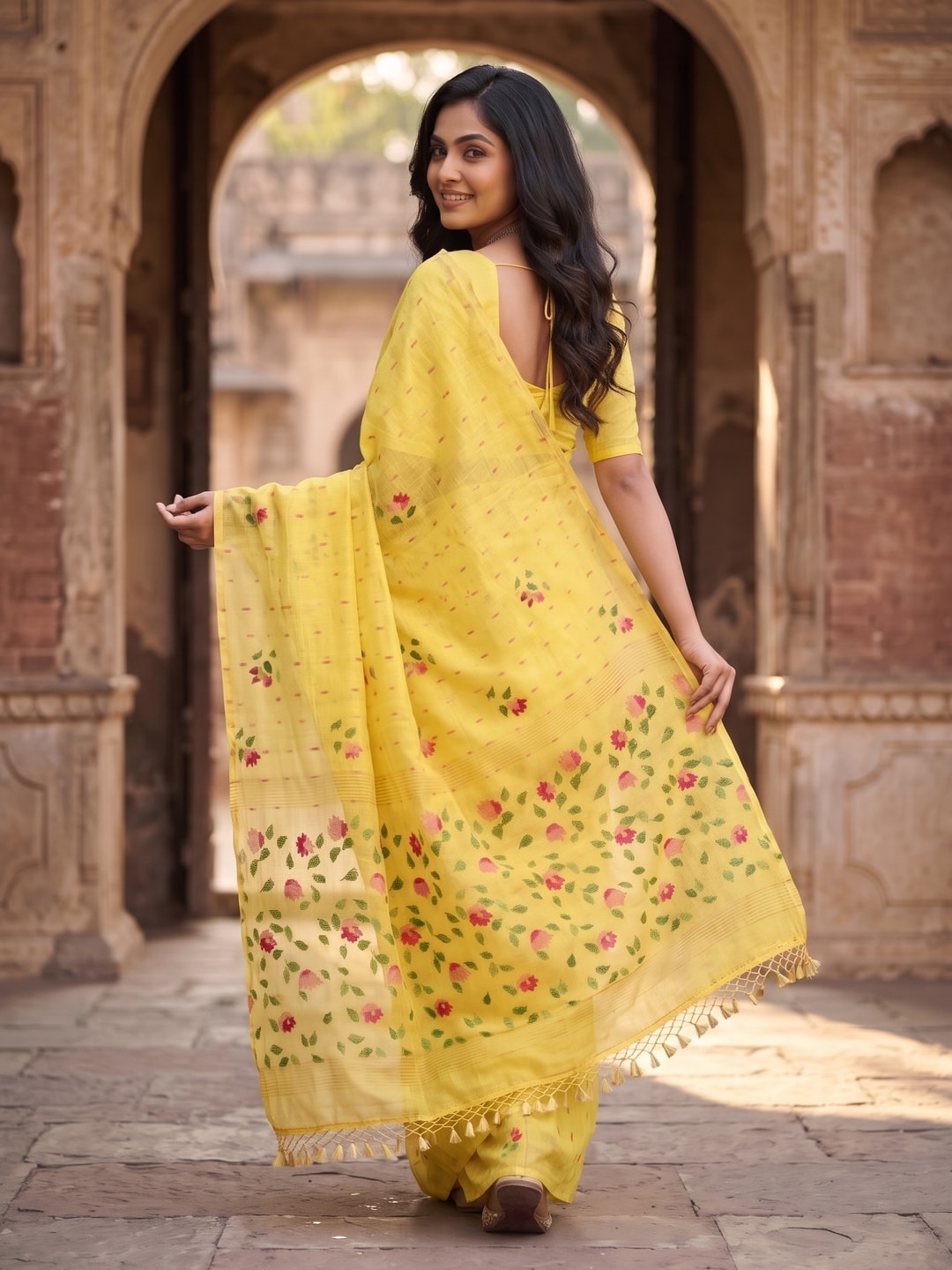 Peachmode Yellow Floral Jamdani Woven Saree - Image 2