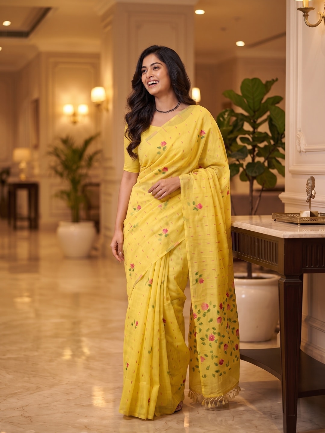 Peachmode Yellow Floral Jamdani Woven Saree - Image 4