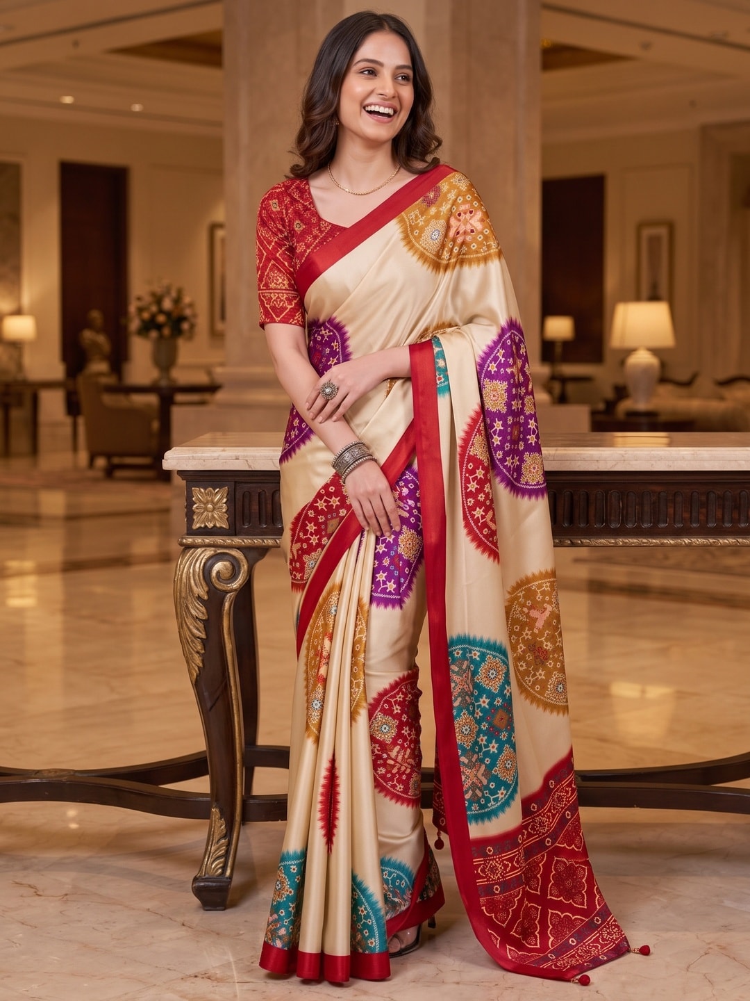 Peachmode Red Patola Print Chinon Saree - Image 4