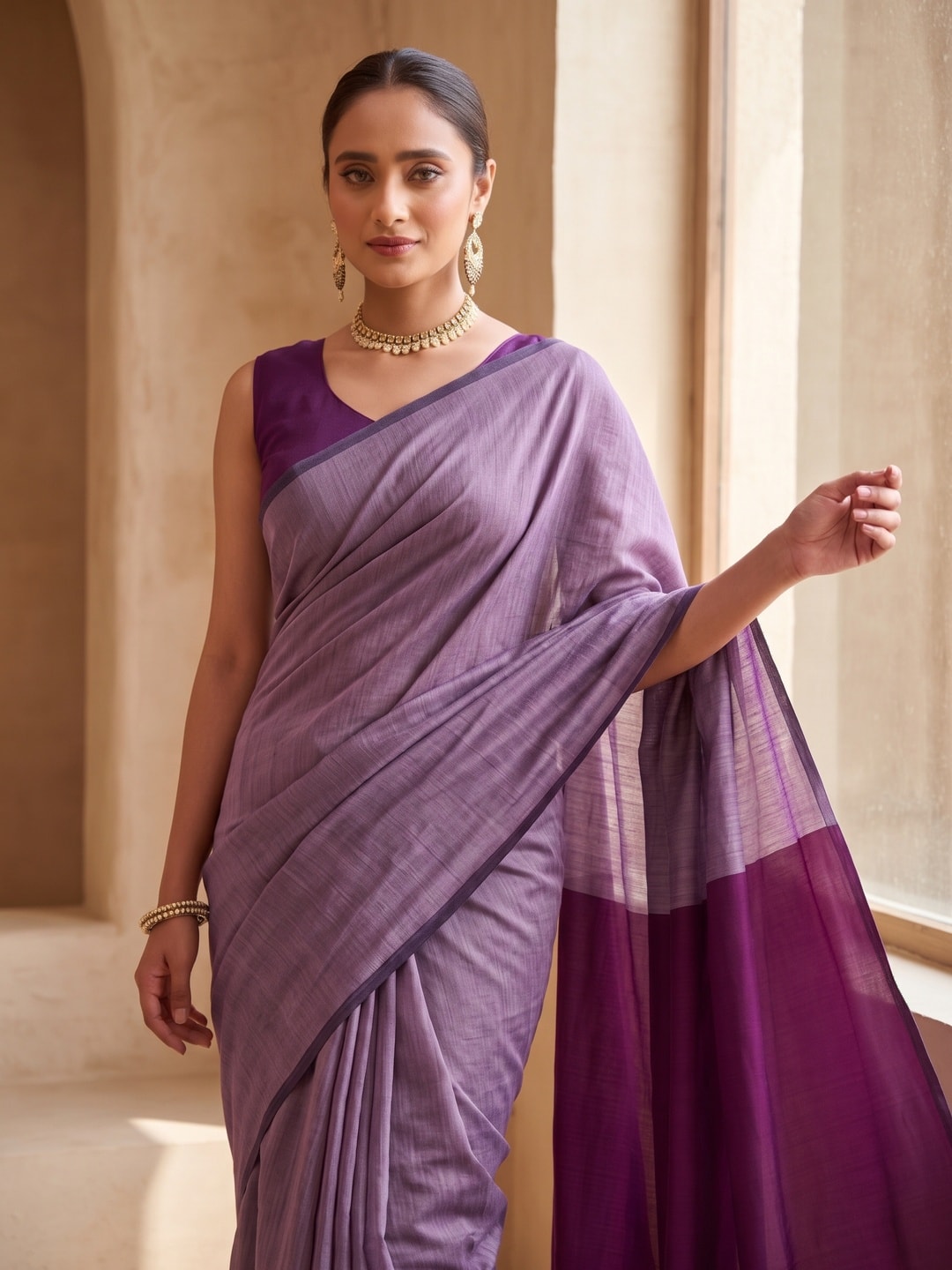 Peachmode Mauve Two Tone Mul Cotton Saree With Contrast Pallu - Image 4