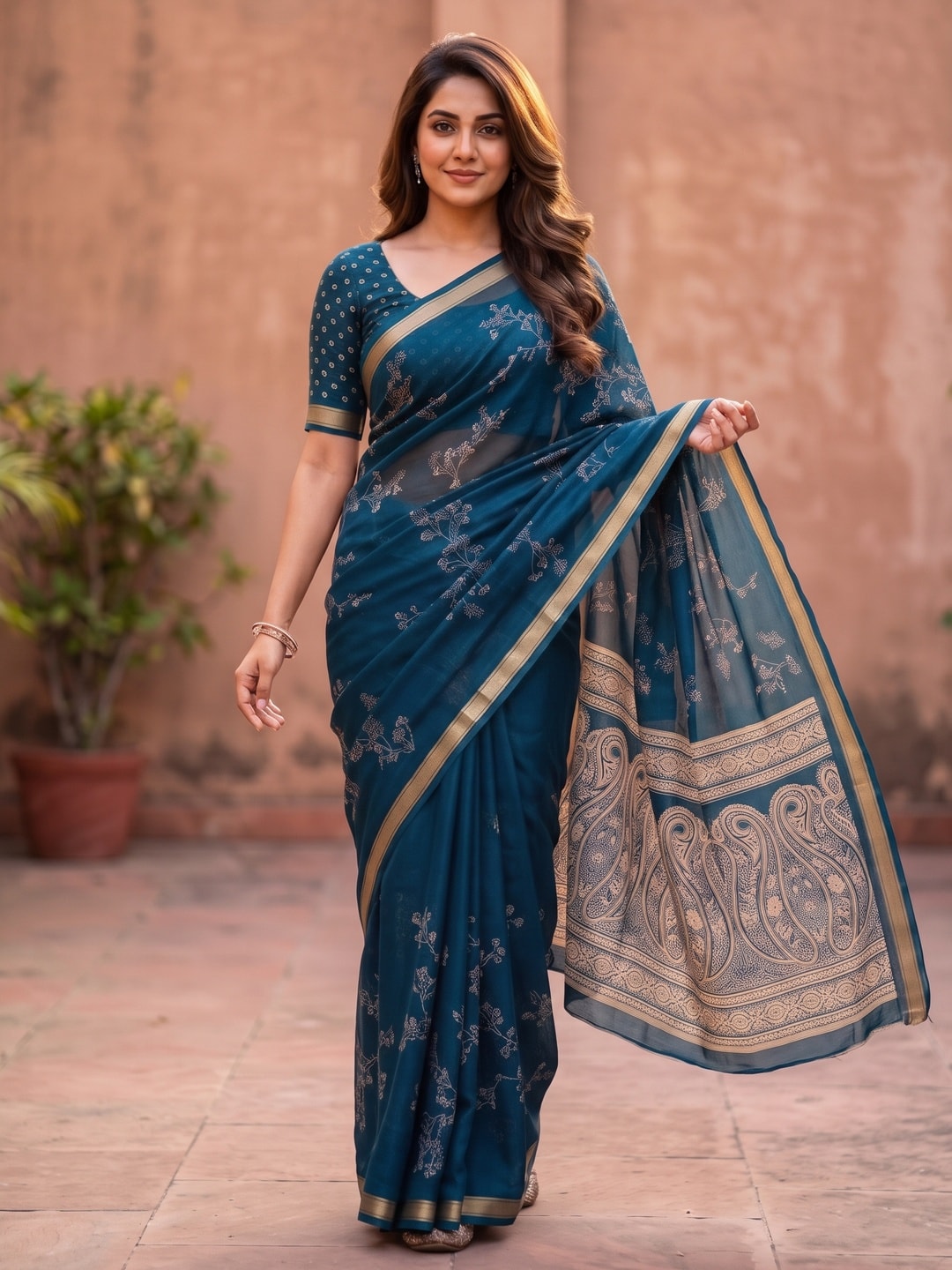 Peachmode Peacock Blue Floral Paisley Moss Georgette Digital Printed Saree With Zari Border - Image 1